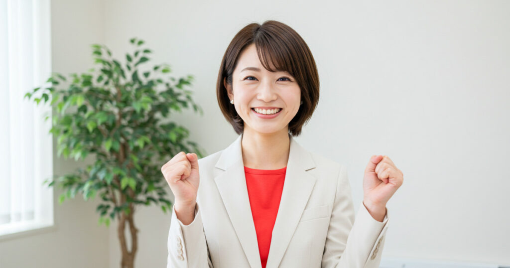 白いスーツと赤いインナーを着た女性リーダーがガッツポーズで微笑んでいる。構造を整え、成果を出す未来に向けて前向きな姿勢を表現した記事内画像。