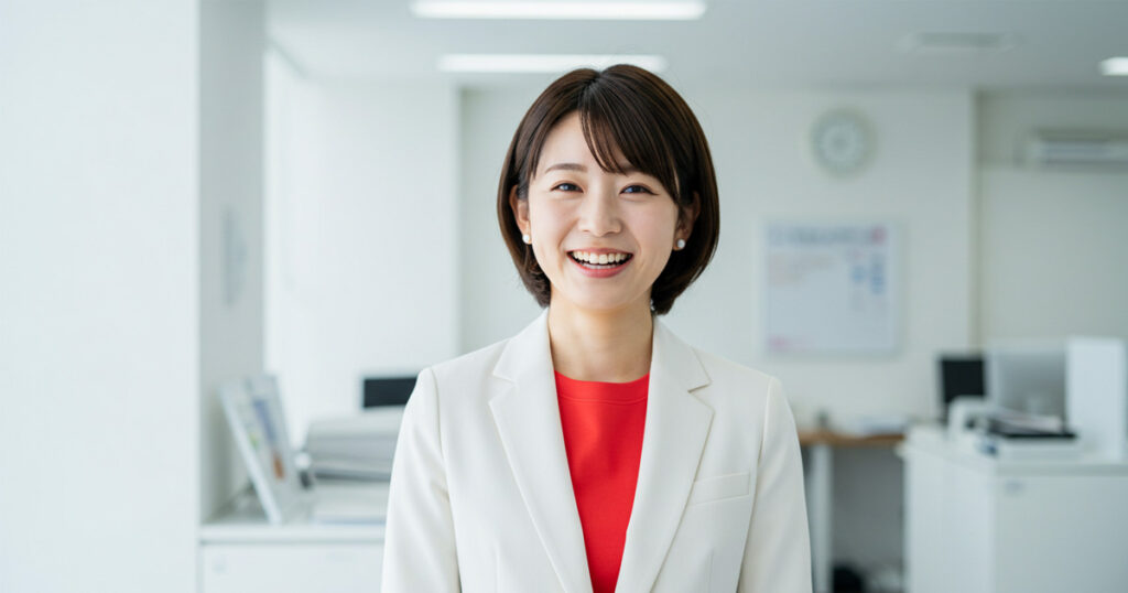 白いスーツと赤いインナーを着た女性リーダーがオフィスで笑顔を見せている様子。明るく信頼感のある雰囲気が、構造的なマネジメントへの自信を象徴している