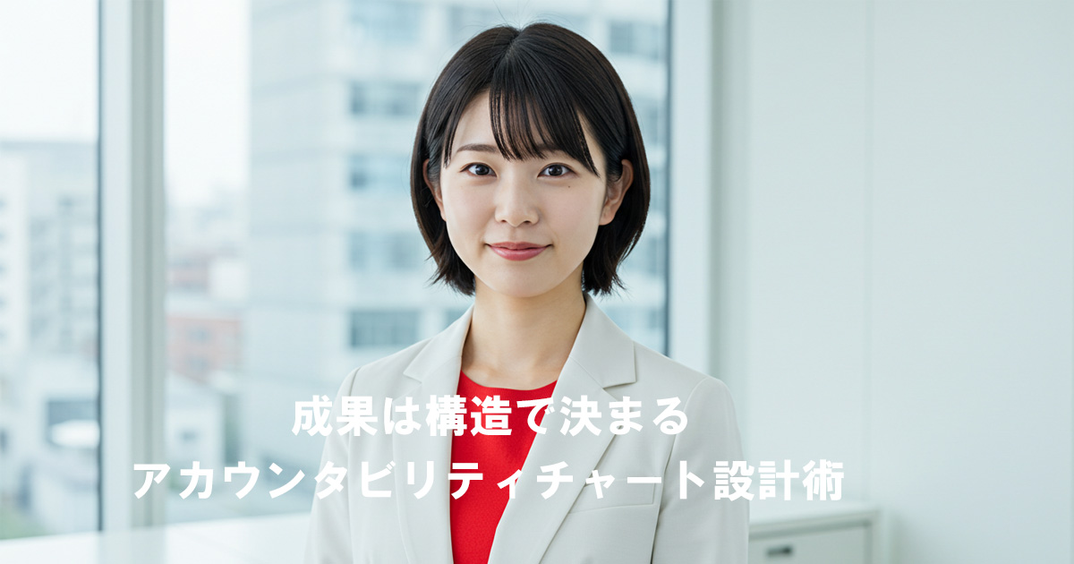白いスーツと赤いインナーを着た女性リーダーがオフィスの窓辺で微笑む。記事タイトル「成果は構造で決まる アカウンタビリティチャート設計術」のテキスト付きアイキャッチ画像。