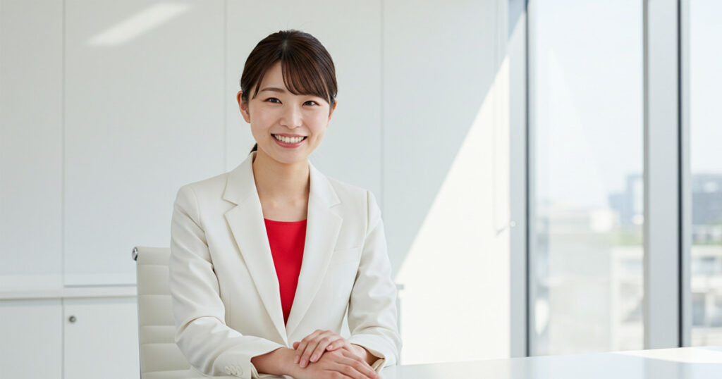 白いスーツと赤いインナーを着た女性リーダーが会議室で笑顔を見せている