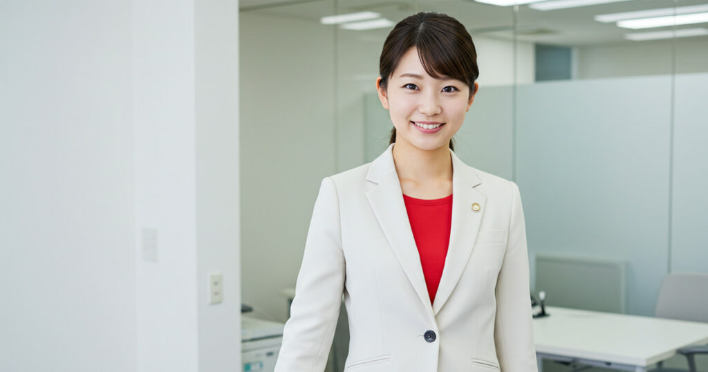 白スーツに赤いインナーを着た女性リーダーがオフィスで笑顔を見せている、信頼感と安心感を与えるビジュアル