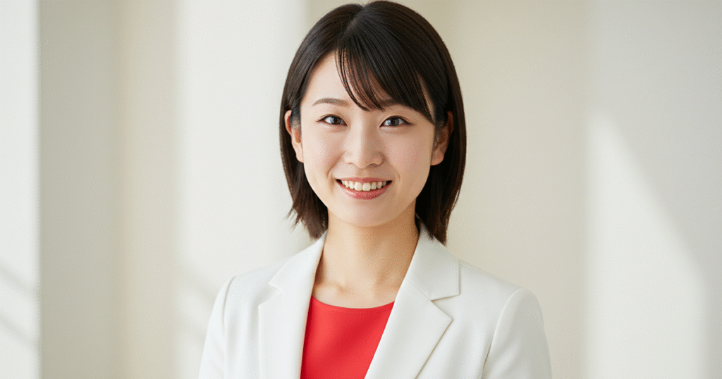 白いスーツと赤いインナーを着た女性が自然な笑顔で立っている。GWCを使って自分に合う働き方を見つける記事の挿入画像。