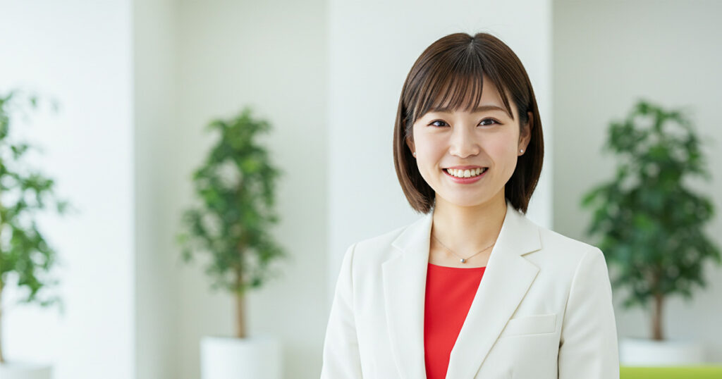 白いスーツと赤いインナーを着た女性リーダーが笑顔で前を向いている。信頼と成長を支えるマネジメントを象徴する表情。