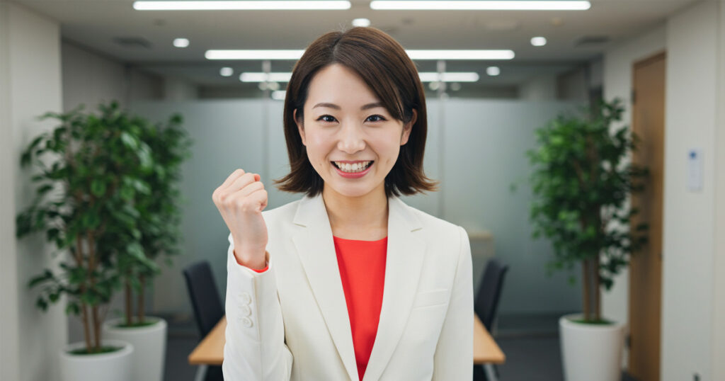 白いスーツと赤いインナーを着た女性リーダーが、明るい表情で拳を握り前向きな気持ちを表現している。オフィスの会議室で、インテグレーターとしての意志と自信を感じさせる姿。