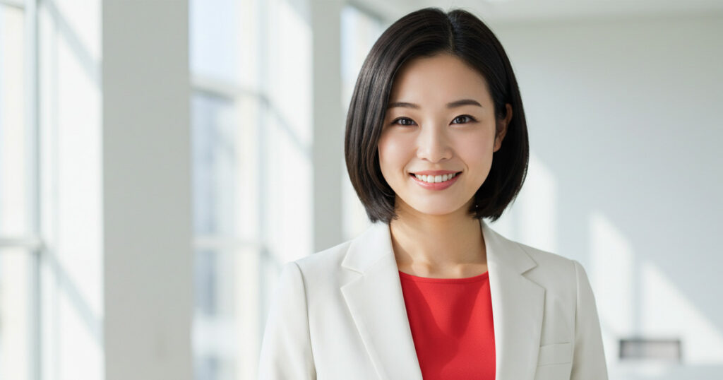共感的な表情で前を見つめる日本人女性リーダー。白いスーツと赤いインナーを着て、明るいオフィスで微笑んでいる