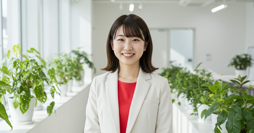 白いスーツと赤いインナーを着た女性リーダーが観葉植物に囲まれたオフィスで笑顔を見せている