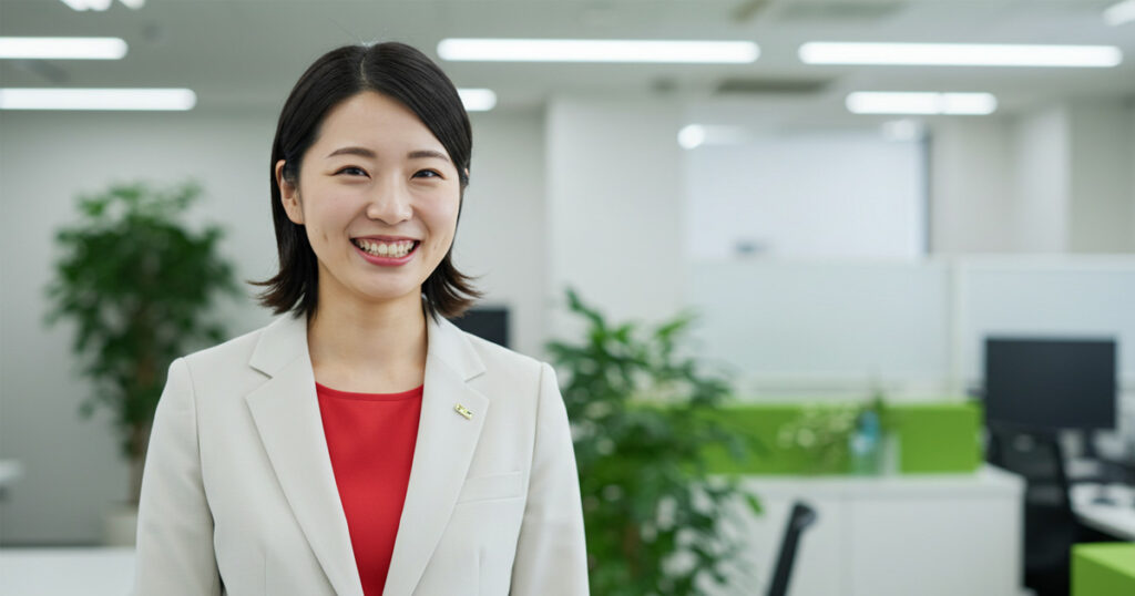 白いスーツと赤いインナーを着た女性リーダーが明るく笑顔を見せている。信頼して任せる姿勢を表すオフィスシーン。