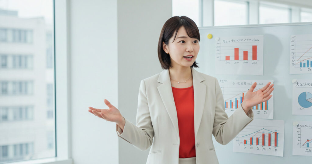 グラフの前で説明をする白いスーツの女性リーダー。EOSのスコアカードを活用し、数字でチームに語る姿を表現したビジュアル。