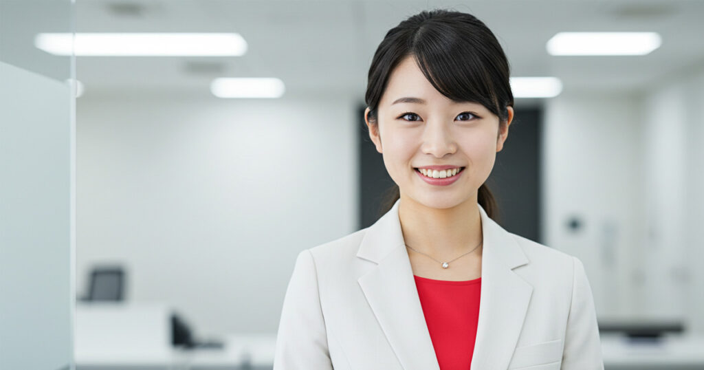 白いスーツと赤いインナーを着た女性が笑顔で前を向いて立っている。背景はオフィスで、清潔感と明るさがある。