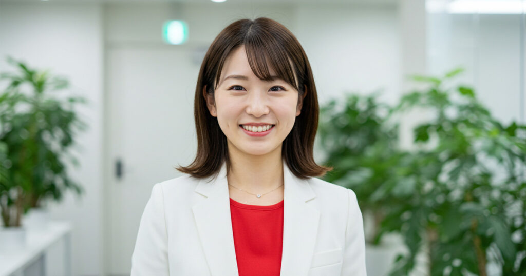 白いスーツと赤いインナーを着た女性が笑顔で前を向いている。明るいオフィスの背景。