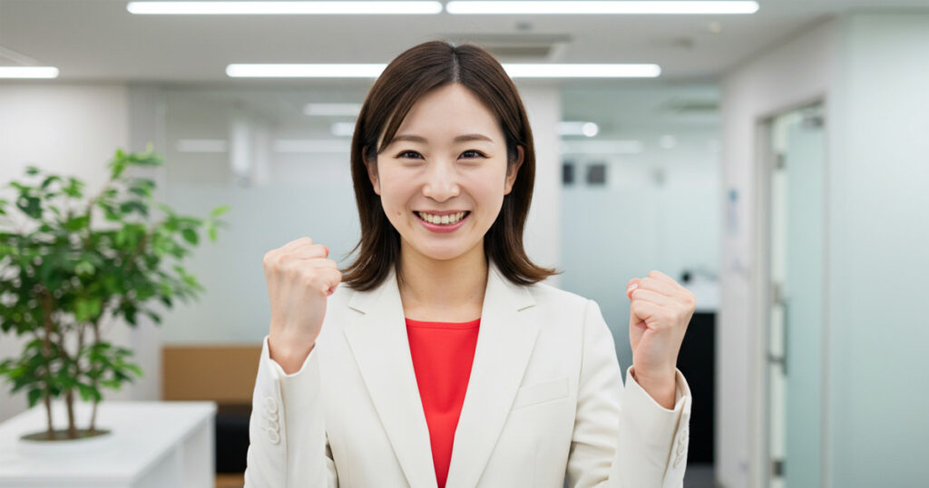 白いスーツと赤いインナーを着た女性リーダーがガッツポーズで前向きな意志を表している。Who思考を実践しようとするリーダーの力強い姿。