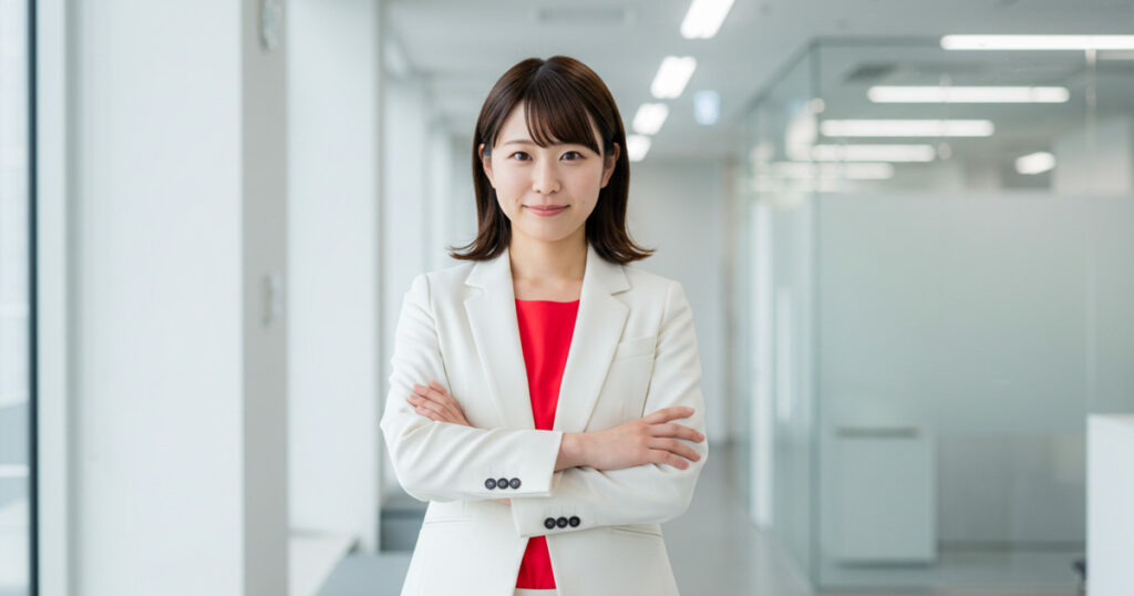 明るいオフィスで、自信を持って前を見つめる白いスーツ姿の女性リーダー。