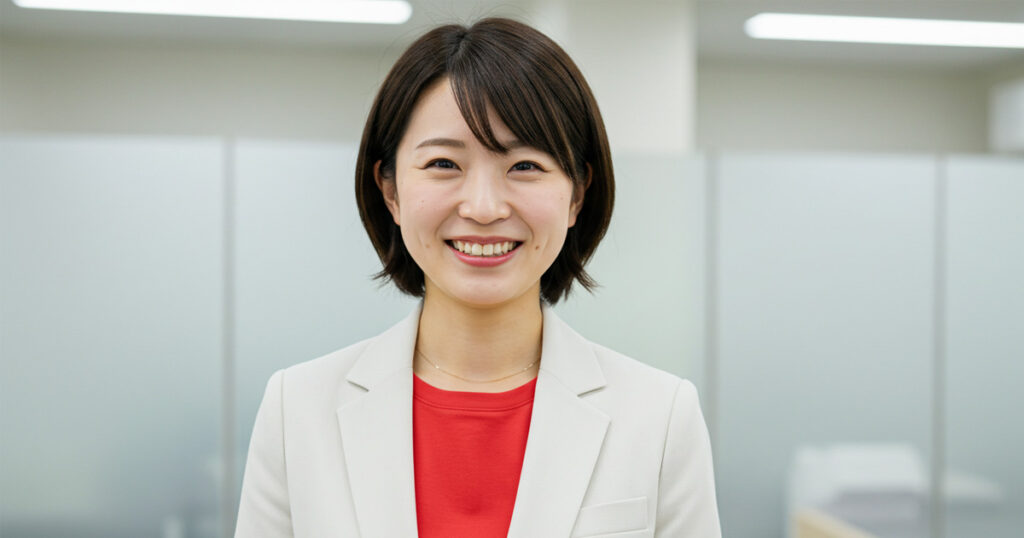白いスーツに赤いインナーを着た女性リーダーが、オフィスで笑顔を見せている。