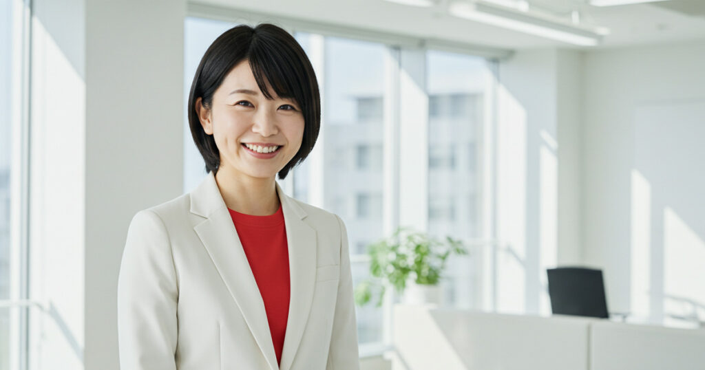 白いジャケットを着た笑顔の女性リーダー。素直に学ぶ姿勢が成長を加速させるイメージ画像