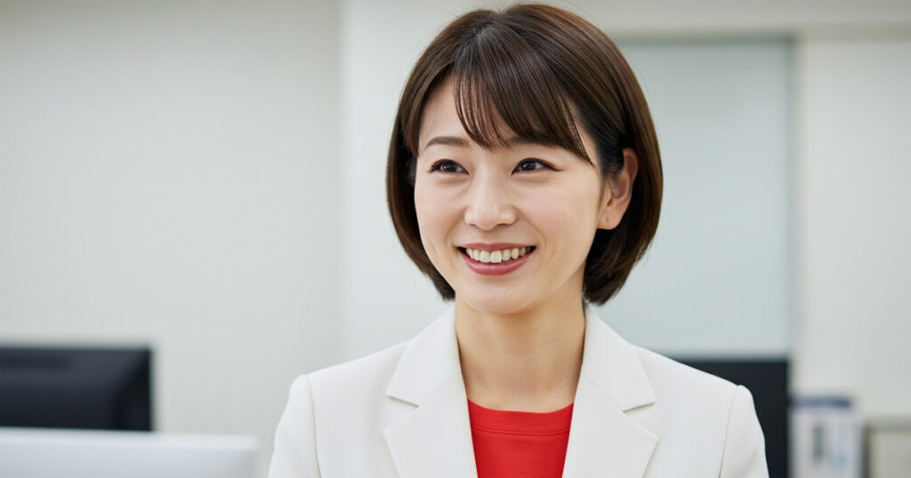 白いスーツに赤いインナーを着た女性リーダーが笑顔で会話する様子。記事の「女性リーダーが果たす使命」を象徴するイメージ。