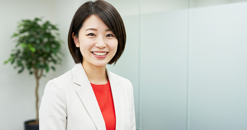 前を見据えて微笑む女性。迷いを乗り越え、自信を持って行動しようとする姿