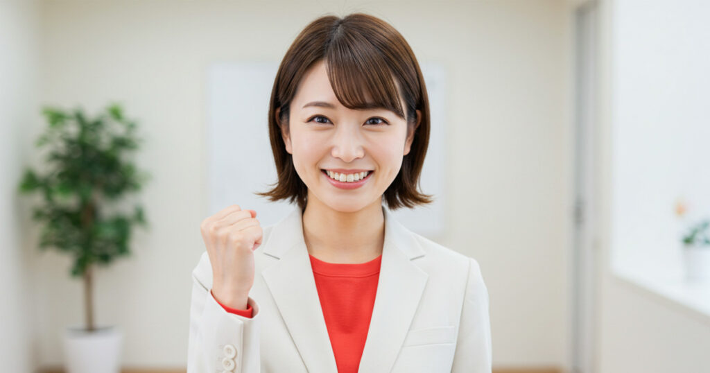 ガッツポーズを見せる女性リーダー。EOSの「I（Identify）」で論点ズレを防ぎ、チームを成果につなげる決意を表すイメージ