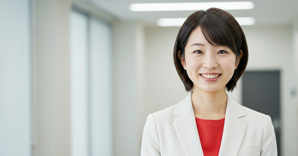 白いスーツと赤いインナーを着た女性が笑顔で前を向いて立っている。明るいオフィスの廊下にて撮影されたビジネスシーン。