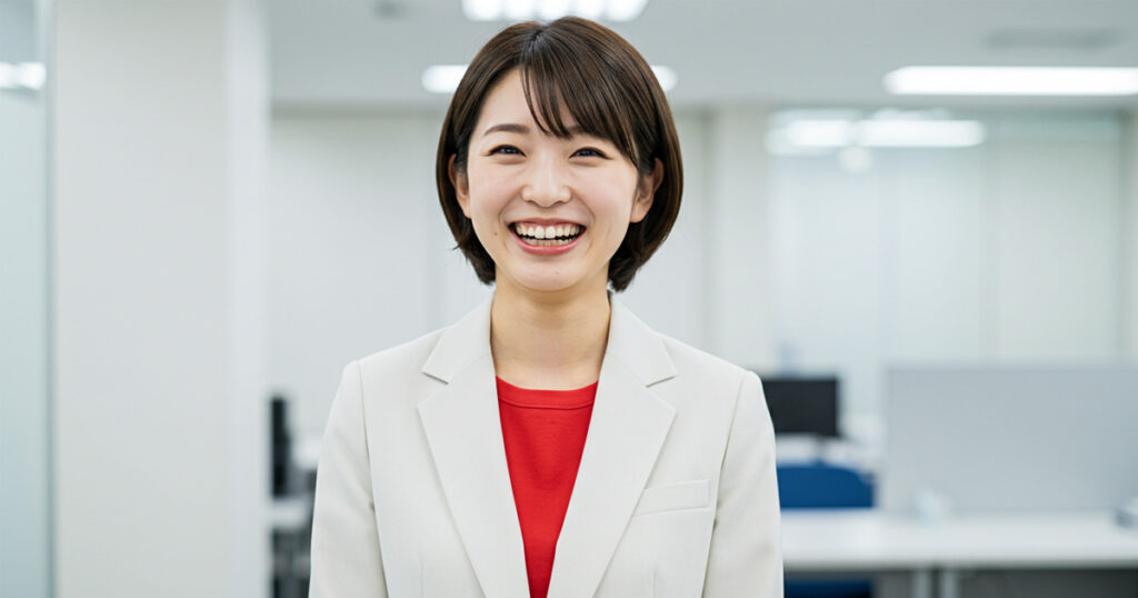 オフィスで笑顔を見せる女性リーダー。L10（10点満点ミーティング）を活用して前向きなチームづくりを実践している様子