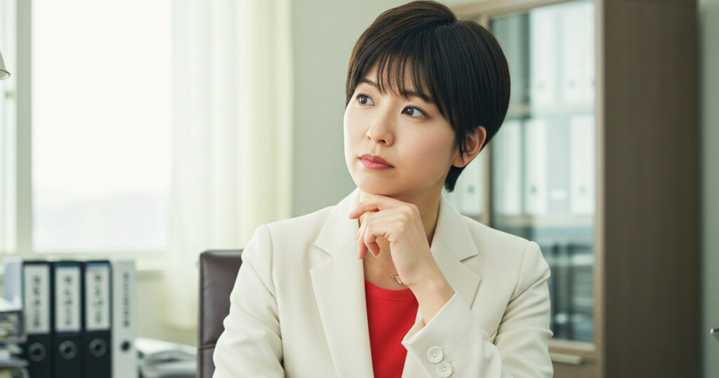 完璧な女性リーダー像に悩み、考え込む女性の表情。理想と現実のギャップを象徴するイメージ。