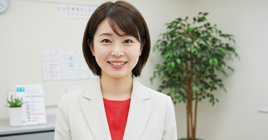 オフィスで笑顔を見せる女性リーダー。完璧主義から前進主義への転換を象徴するイメージ。