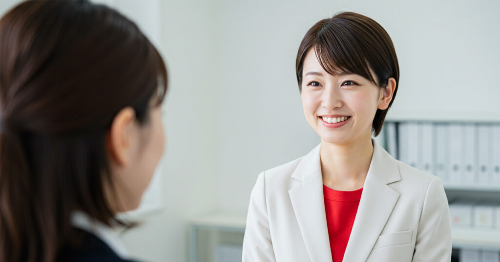 部下に笑顔でフィードバックを伝える女性リーダー｜良いフィードバックと悪いフィードバックの違い