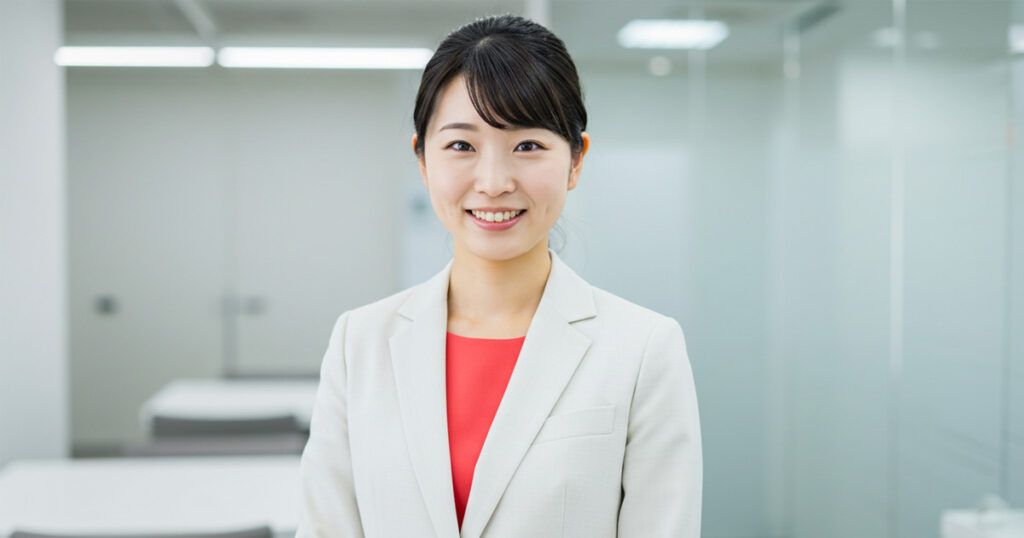 白いスーツを着た女性が明るい表情で前を向いている。フライホイール思考で成長を加速させるイメージ