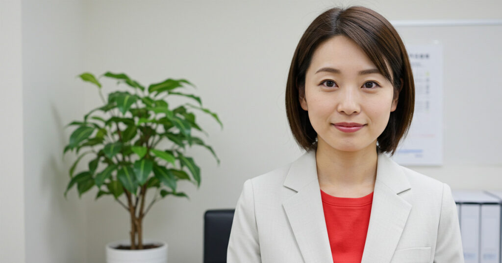 落ち着いた表情で前を見つめる女性リーダー。森ウーマン・石ウーマンを目指す姿をイメージした写真。