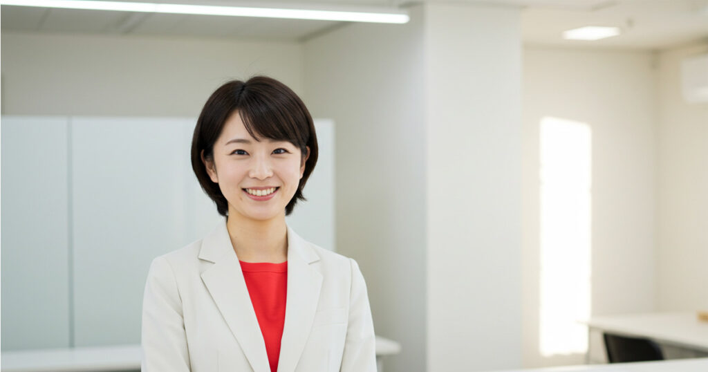 白いスーツを着た女性リーダーが穏やかに微笑むオフィス風景