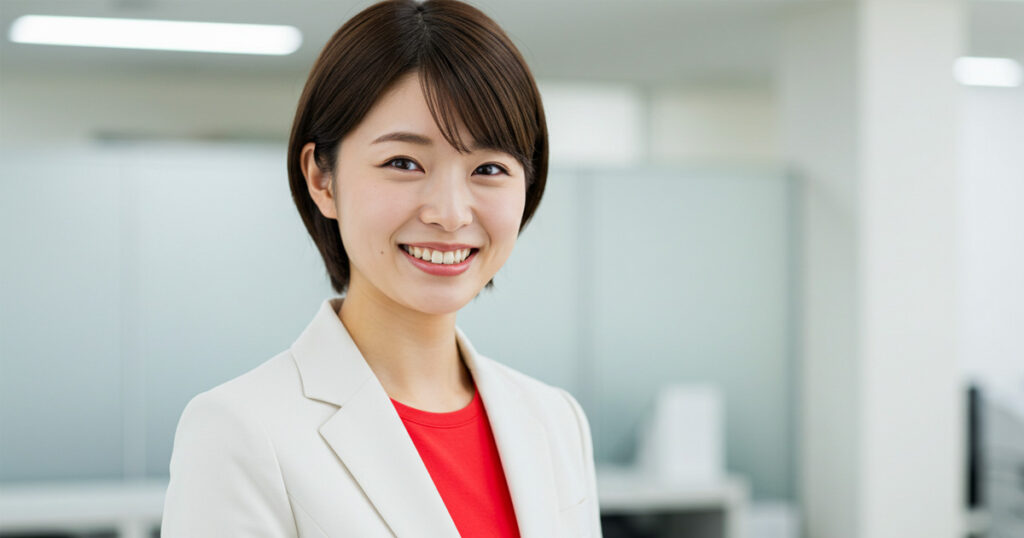 白いジャケットと赤いトップスを着た女性リーダーが笑顔で前を向いている