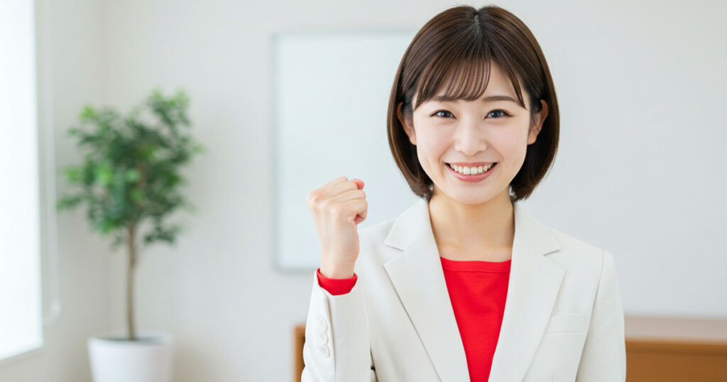 白いスーツに赤いインナーを着た女性リーダーが、笑顔でガッツポーズをしている。