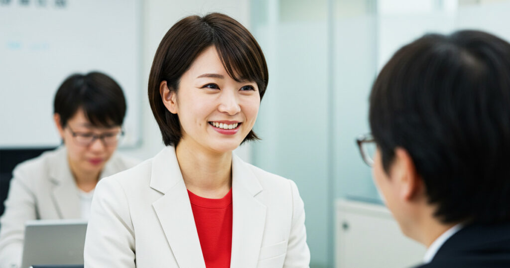 白いスーツに赤いインナーを着た女性リーダーが、部下と向き合い笑顔で会話している。権限委譲によってチームの信頼関係を築く場面。
