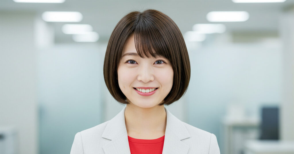 白いスーツに赤いインナーを着た女性リーダーが、オフィスで笑顔を見せている。共感力や多視点などの強みを発揮する姿を表現。