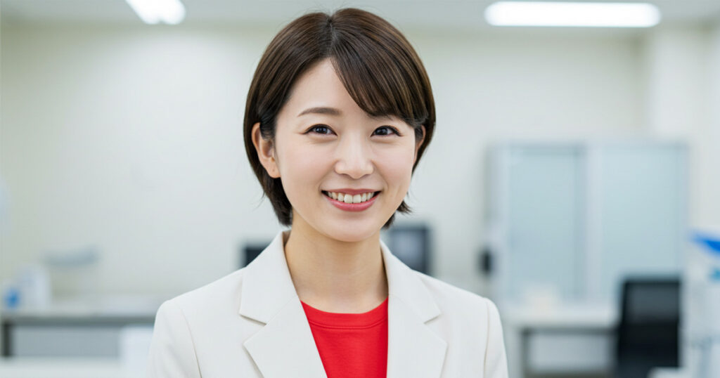 白いスーツに赤いインナーを着た女性リーダーがオフィスで自信に満ちた笑顔を見せている。「Less is More」が女性リーダーにもたらす意味を象徴するイメージ。