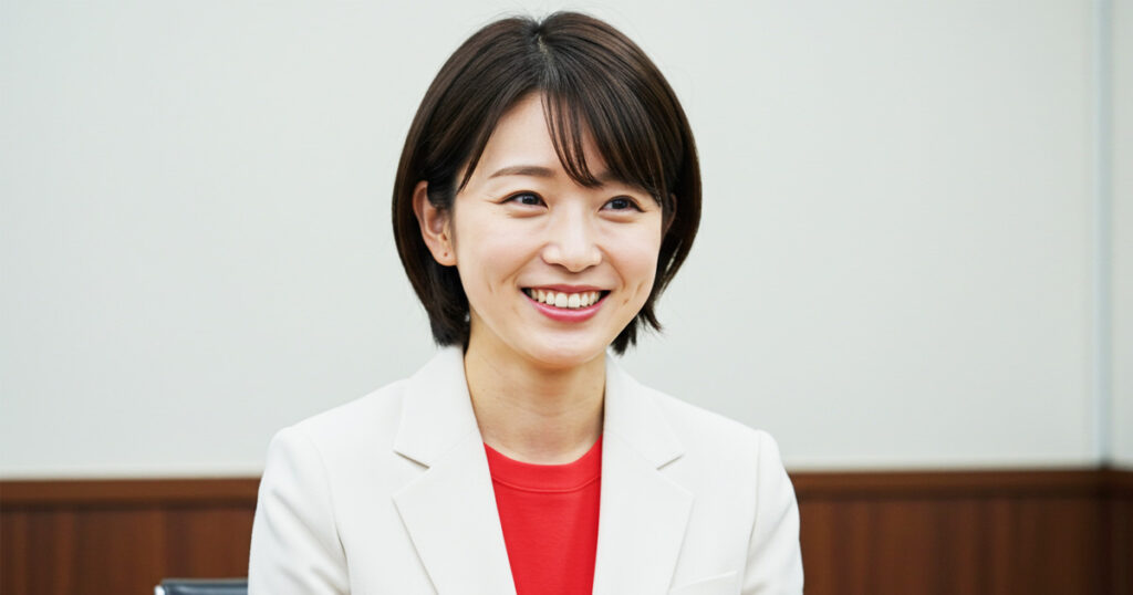 白いスーツに赤いインナーを着た女性リーダーが笑顔で座っている。マイルールを手放し、仕組みに委ねるリーダーシップを表現。