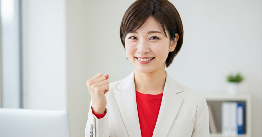 拳を握り前向きな表情を見せる女性リーダー。受け身の部下を自走へ導くためのポイントを象徴するイメージ