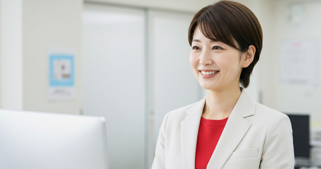 白いスーツに赤いインナーを着た女性リーダーが笑顔でモニターに向かい、前向きに仕事へ取り組んでいる姿。「ありがとう」がリーダーシップを強めることを象徴するイメージ。