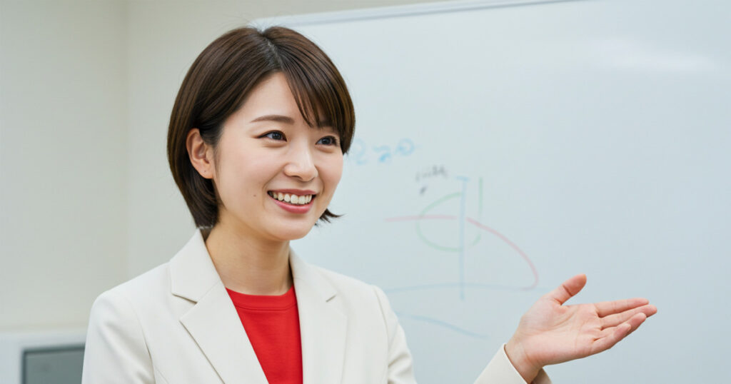 白いスーツに赤いインナーを着た女性リーダーが、ホワイトボードを前に説明している。PREP法を用いて直感を論理に変え、チームに伝えているイメージ。