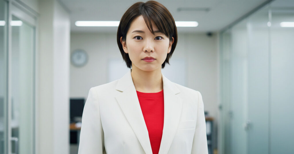 白いスーツに赤いインナーを着た女性リーダーが、真剣な表情で前を見つめている。職場の「枠」という壁に直面する姿を表現。