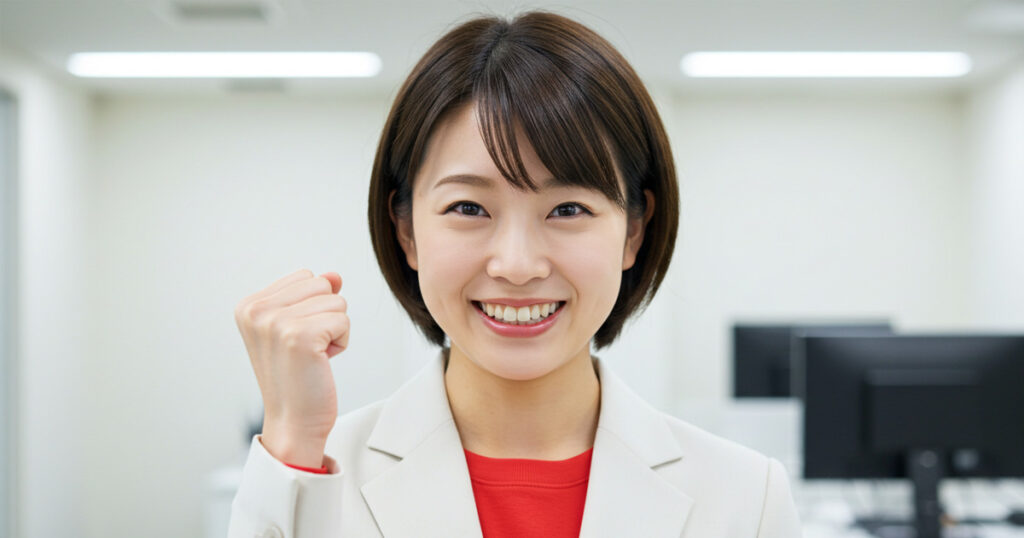 白いスーツに赤いインナーを着た女性リーダーが、笑顔で拳を握りしめ前向きな意志を示している。枠を超える勇気を表現。