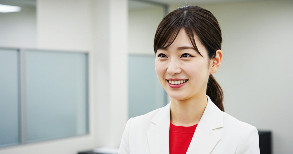 白いジャケットと赤いインナーを着た女性リーダーが、職場で笑顔を見せている。EOSツールを活用して任せ上手になる姿をイメージした写真。