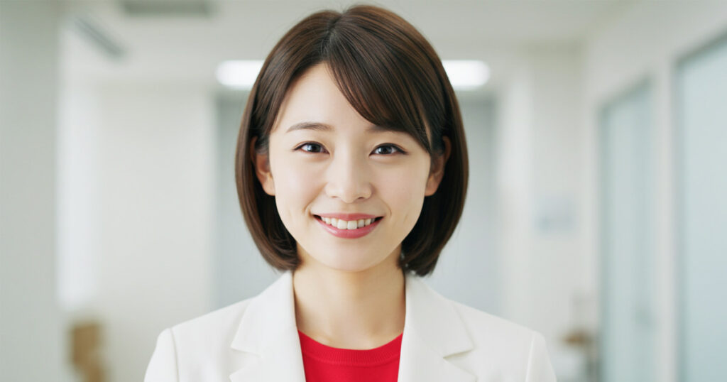 白いスーツに赤いインナーを着た女性リーダーが笑顔で前を見つめている。女性リーダーのマインドの重要性を象徴する写真。