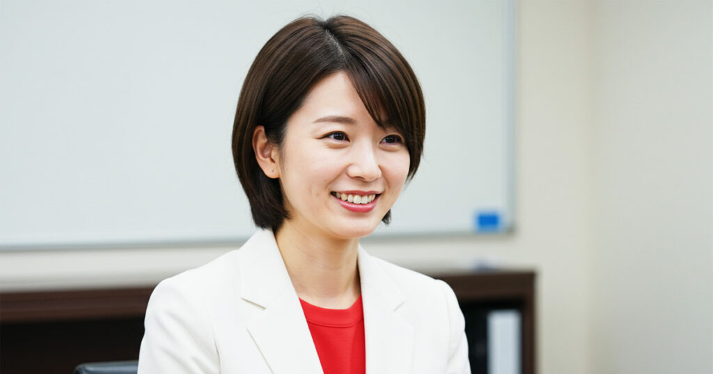 白いスーツに赤いインナーを着た女性リーダーが、笑顔でチームに向き合っている様子。言葉の変換術で前向きなマネジメントを実践するイメージ