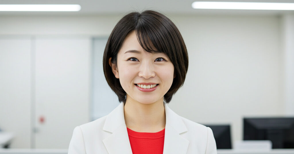 穏やかな笑顔で相手の話に耳を傾ける女性リーダー。意見を前向きに受け止める姿勢を表現したイメージ