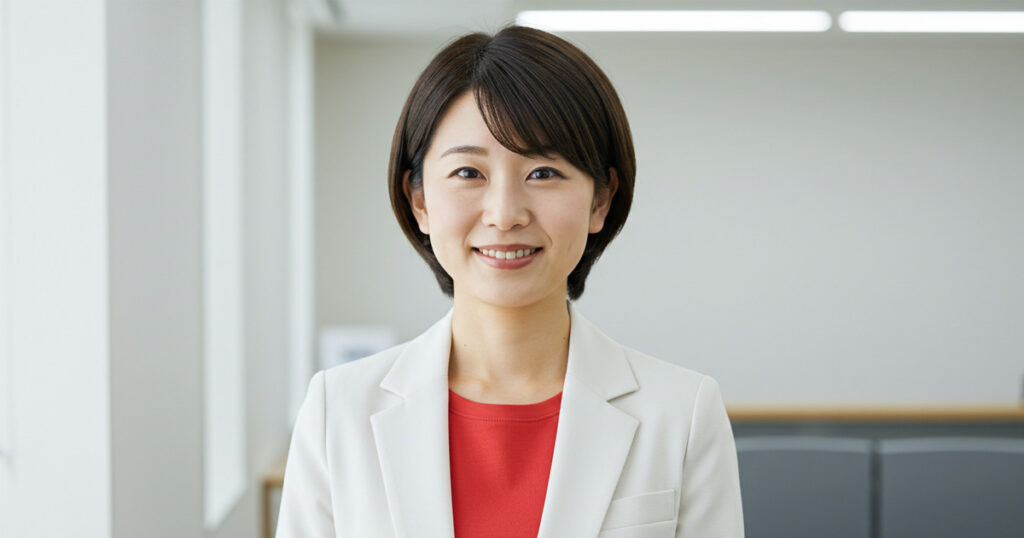 穏やかな笑顔で前を向く女性リーダー。チームの垣根を越えて協働する姿勢を象徴するビジネスシーン。