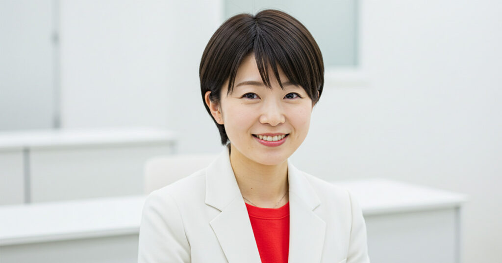 白いジャケットを着た女性リーダーが穏やかに微笑む。自信と信頼感を感じさせる表情。