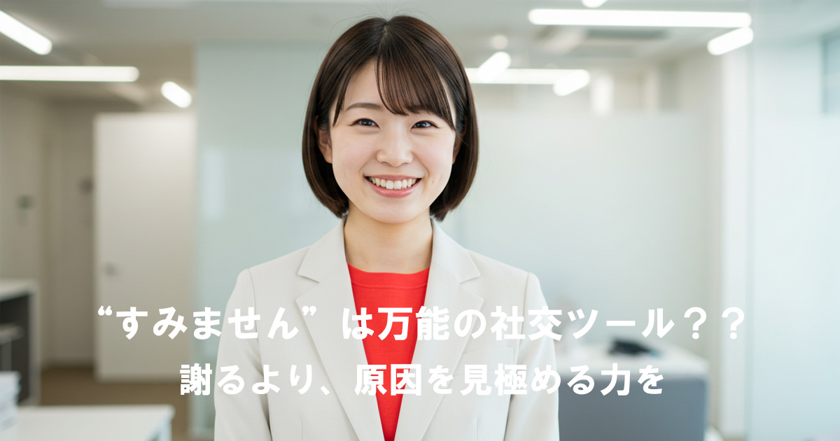 白いジャケットを着た女性リーダーがオフィスで笑顔を見せる。「“すみません”は万能の社交ツール？？ 謝るより、原因を見極める力を」というタイトル入りのアイキャッチ画像。