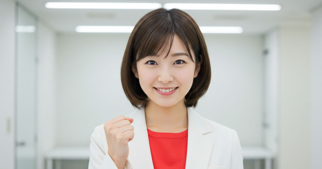 白いジャケットを着た女性が笑顔で拳を握りしめる。言葉を使い分けて前向きにチームを導くリーダーのイメージ。